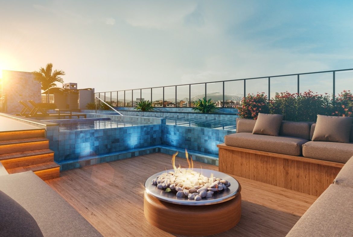 Perspectiva do Lounge Fire Pit no pavimento de lazer