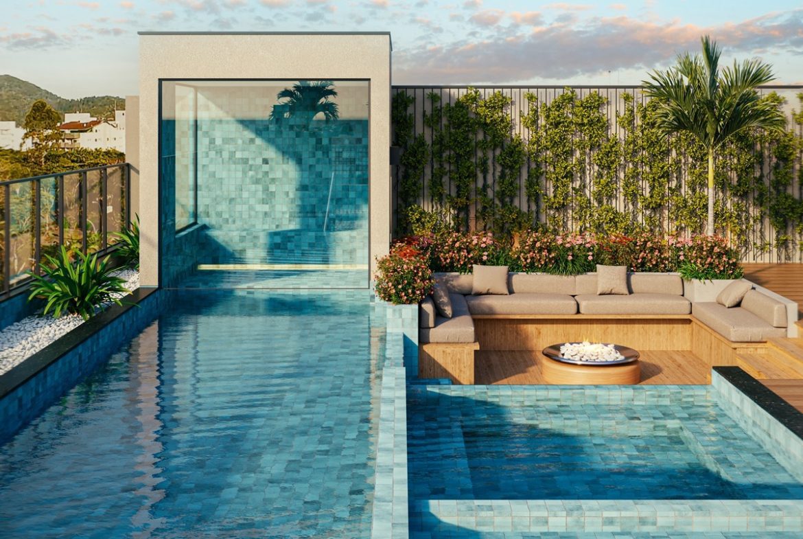 Perspectiva da piscina e Hydro Spa do Olive Itaguá