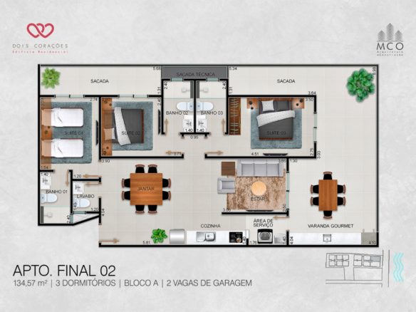 Planta do apartamento frente mar com 3 suítes no Residencial Dois Corações