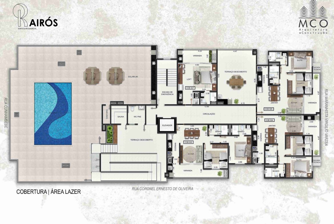 Planta do rooftop com piscina e áreas de lazer do Residencial Kairós