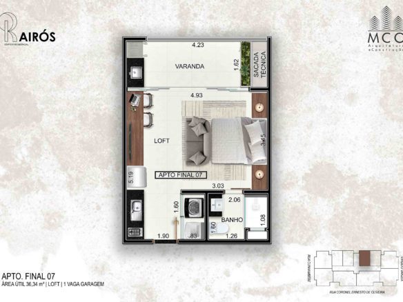 Planta do loft de 36,81 m² no Residencial Kairós