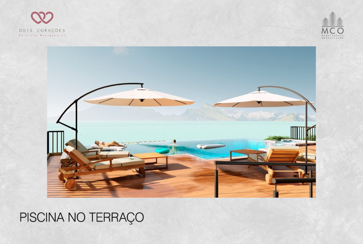 Perspectiva da piscina no rooftop do Residencial Dois Corações