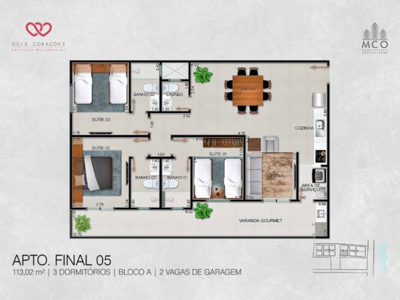 Planta do apartamento de 113,02 m² com 3 suítes no Residencial Dois Corações
