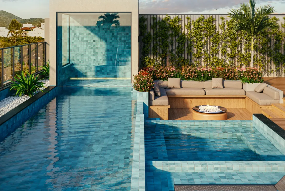 Piscina e jacuzzi na área de lazer do empreendimento Olive