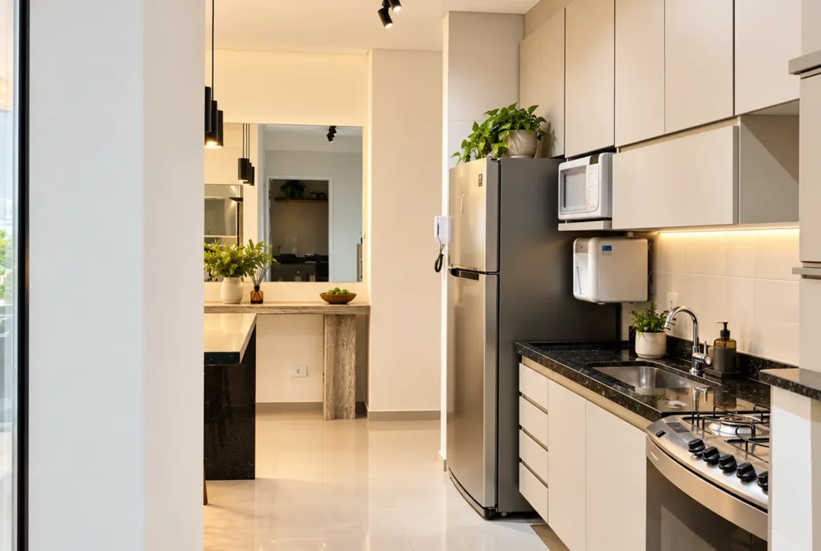 Cozinha mobiliada do apartamento garden LG104 no Centro de Ubatuba