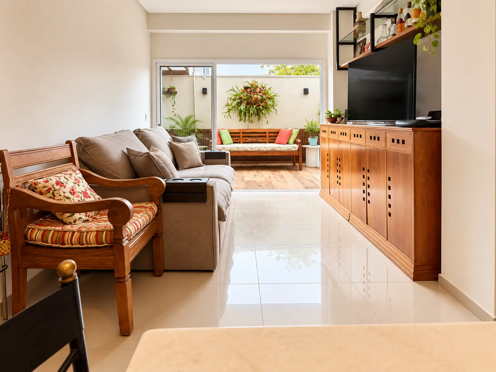 apartamento-garden-centro-ubatuba-lg104-sala Sala de estar mobiliada do apartamento garden LG104