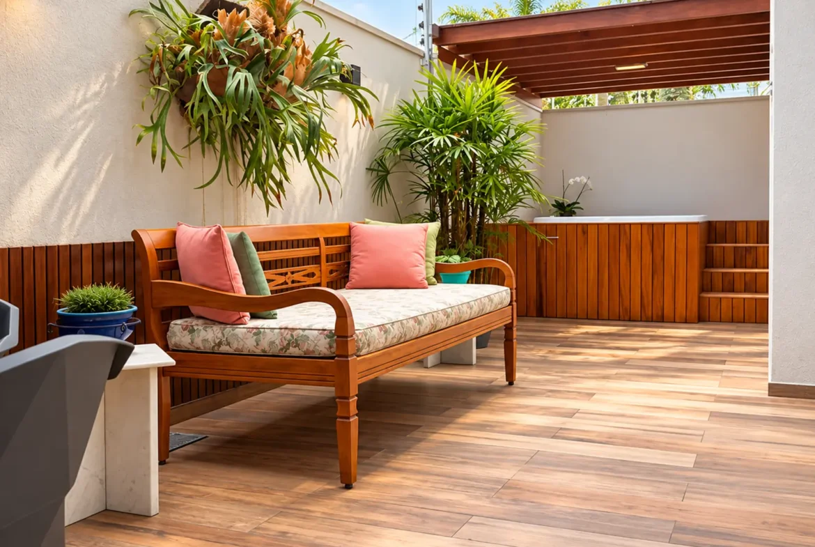 Área externa garden com banco e pergolado do apartamento LG104