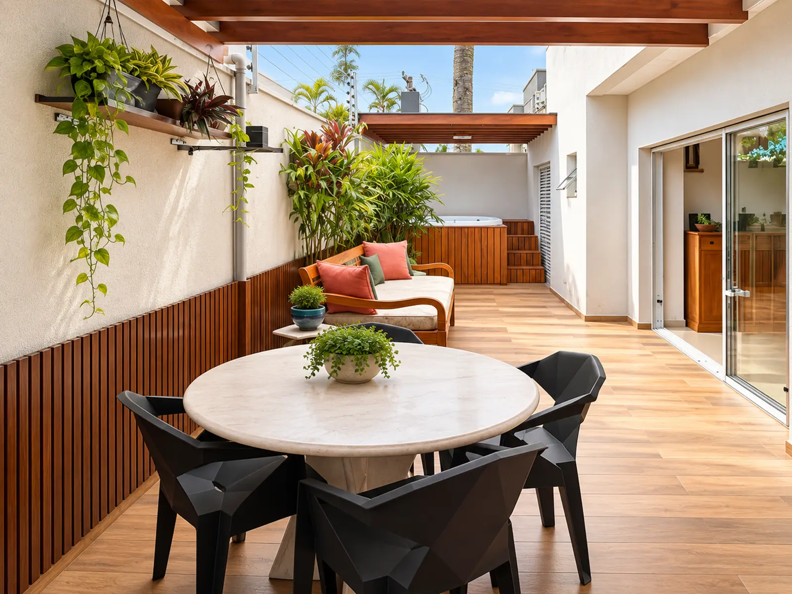 apartamento-garden-centro-ubatuba-lg104-varanda-hidro Área externa garden com mesa e hidromassagem do apartamento LG104