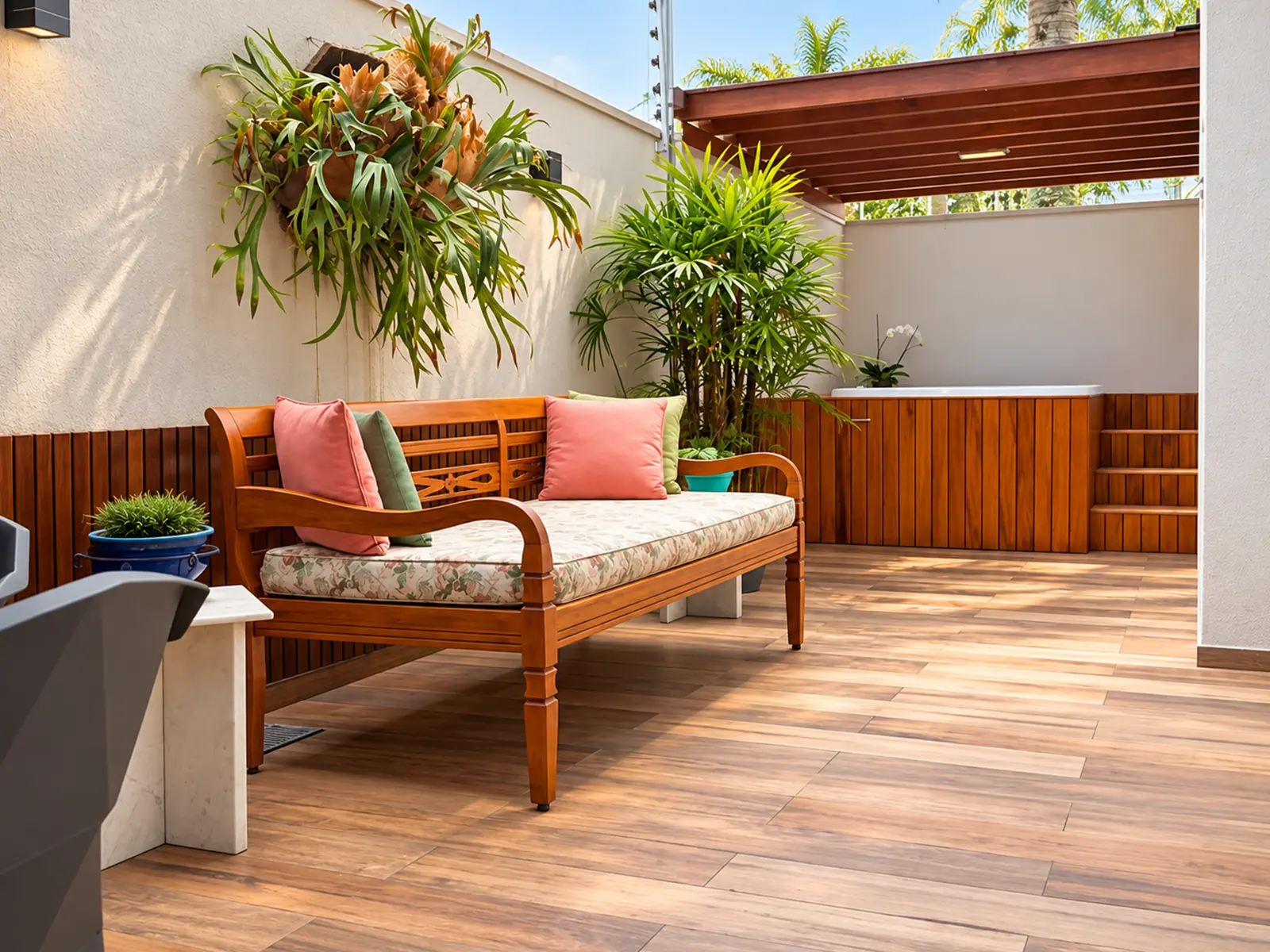 apartamento-garden-centro-ubatuba-lg104-varanda Área externa garden com banco e pergolado do apartamento LG104