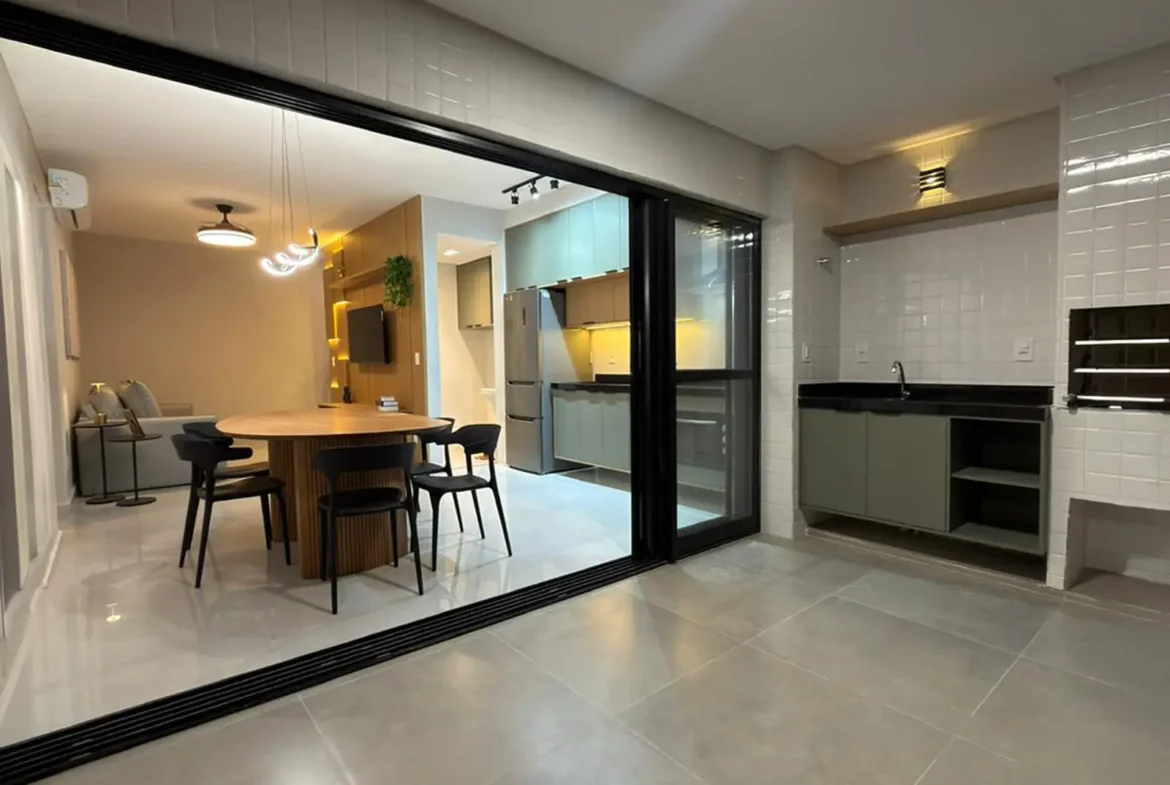 Área gourmet integrada do apartamento no Residencial Vie Saine nas Toninhas em Ubatuba