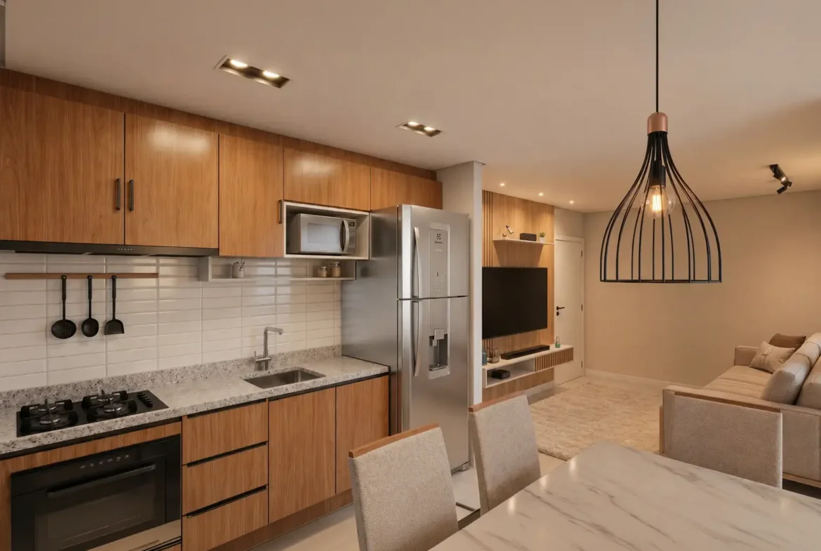 Perspectiva da cozinha do apartamento do Residencial Kaá