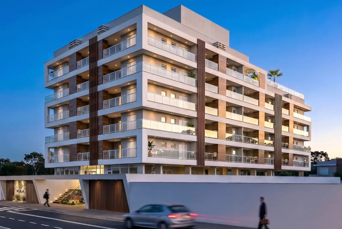 Perspectiva da fachada do Residencial Kaá no Centro de Ubatuba