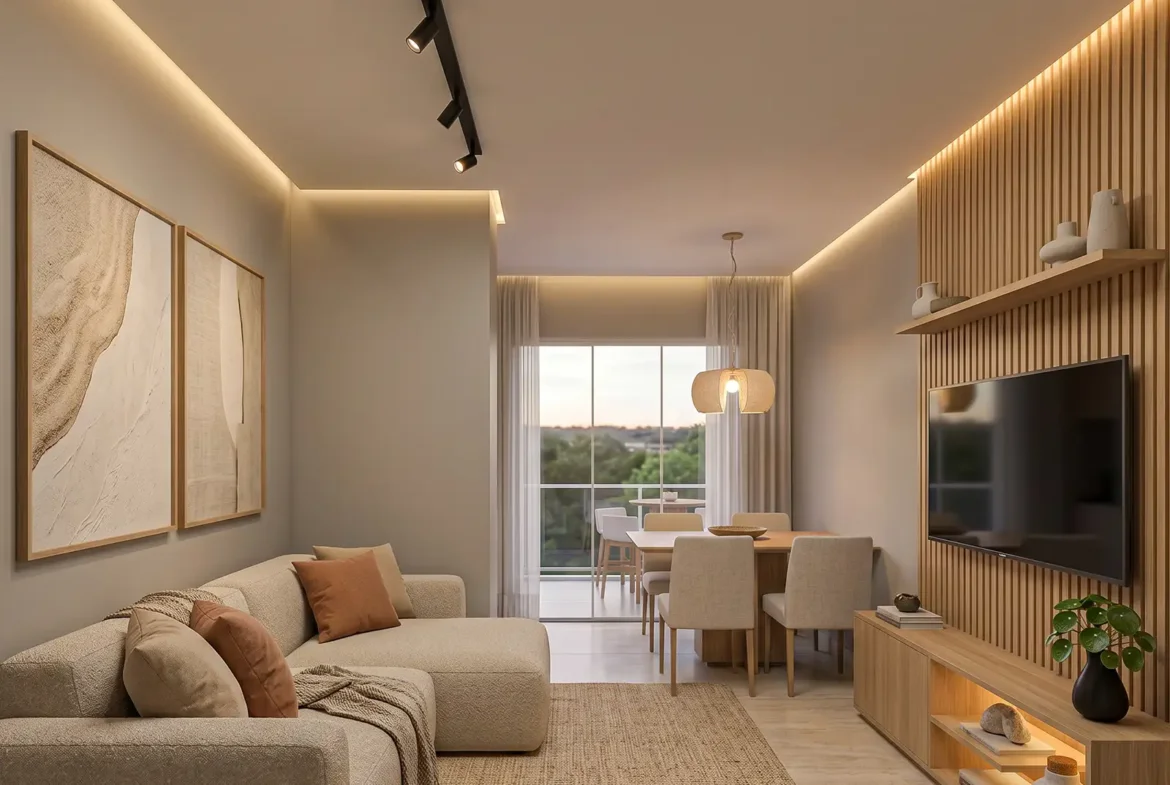 Perspectiva da sala do apartamento de 69,53 m² do Residencial Kaá