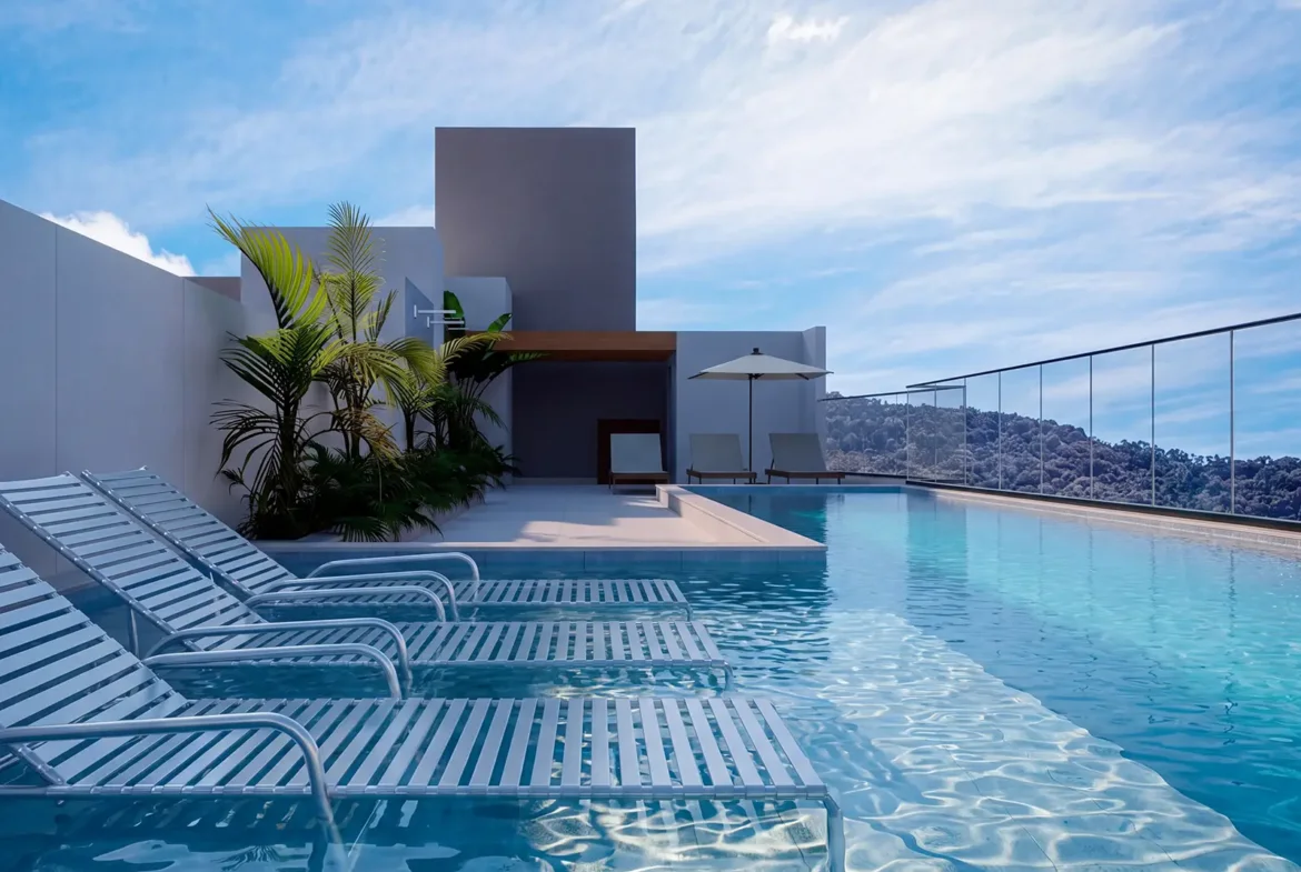 Perspectiva da piscina do Residencial Viena