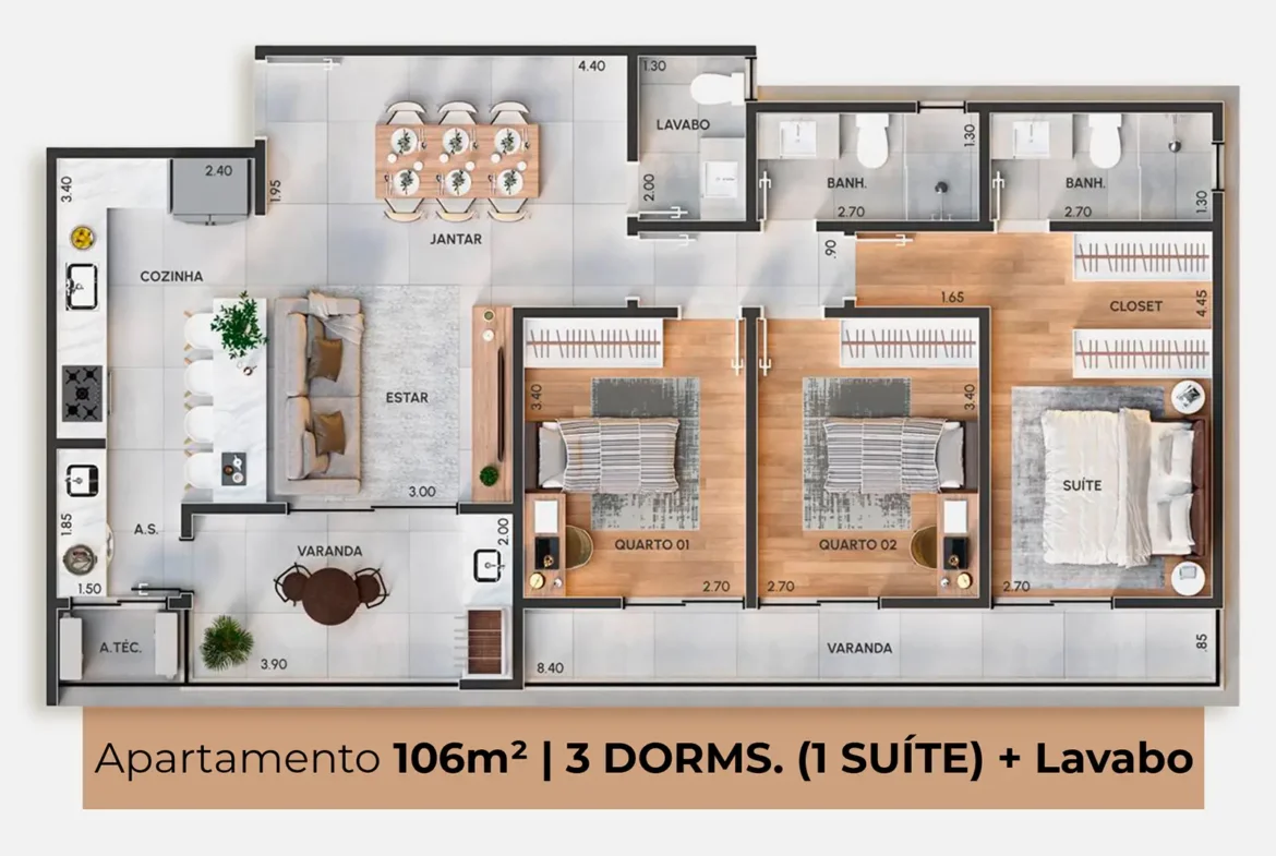 Planta de apartamento de 106,20 m² do Residencial Viena