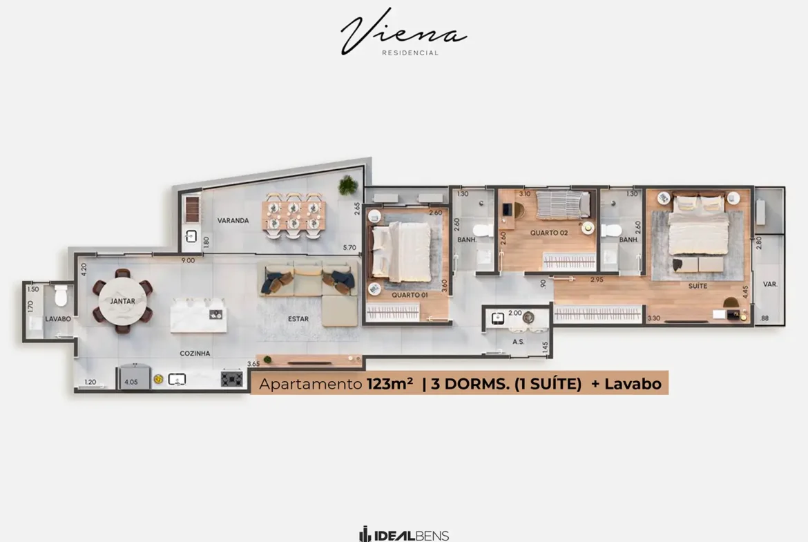 Planta de apartamento de 123,20 m² do Residencial Viena