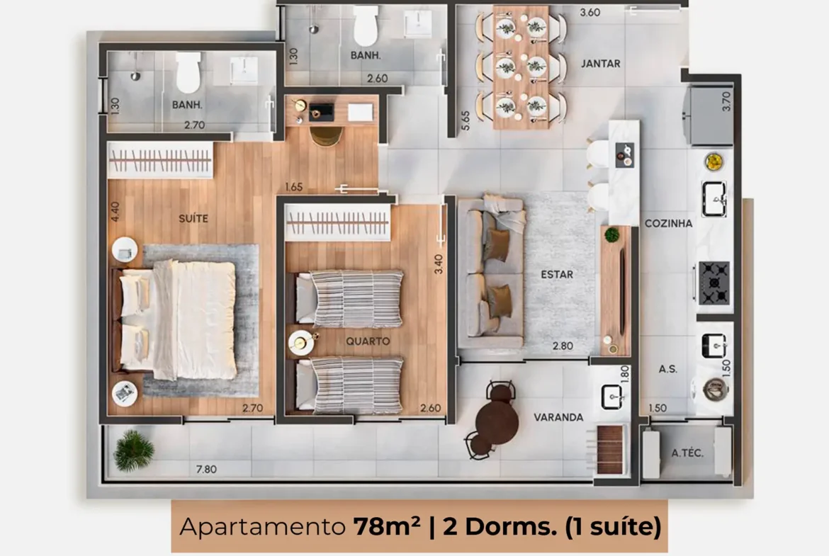 Planta de apartamento de 78,20 m² do Residencial Viena