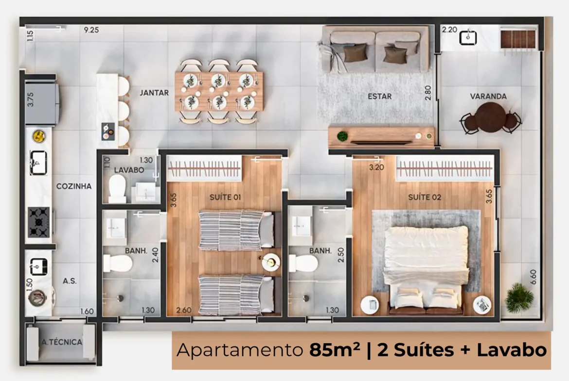 Planta de apartamento de 85 m² do Residencial Viena