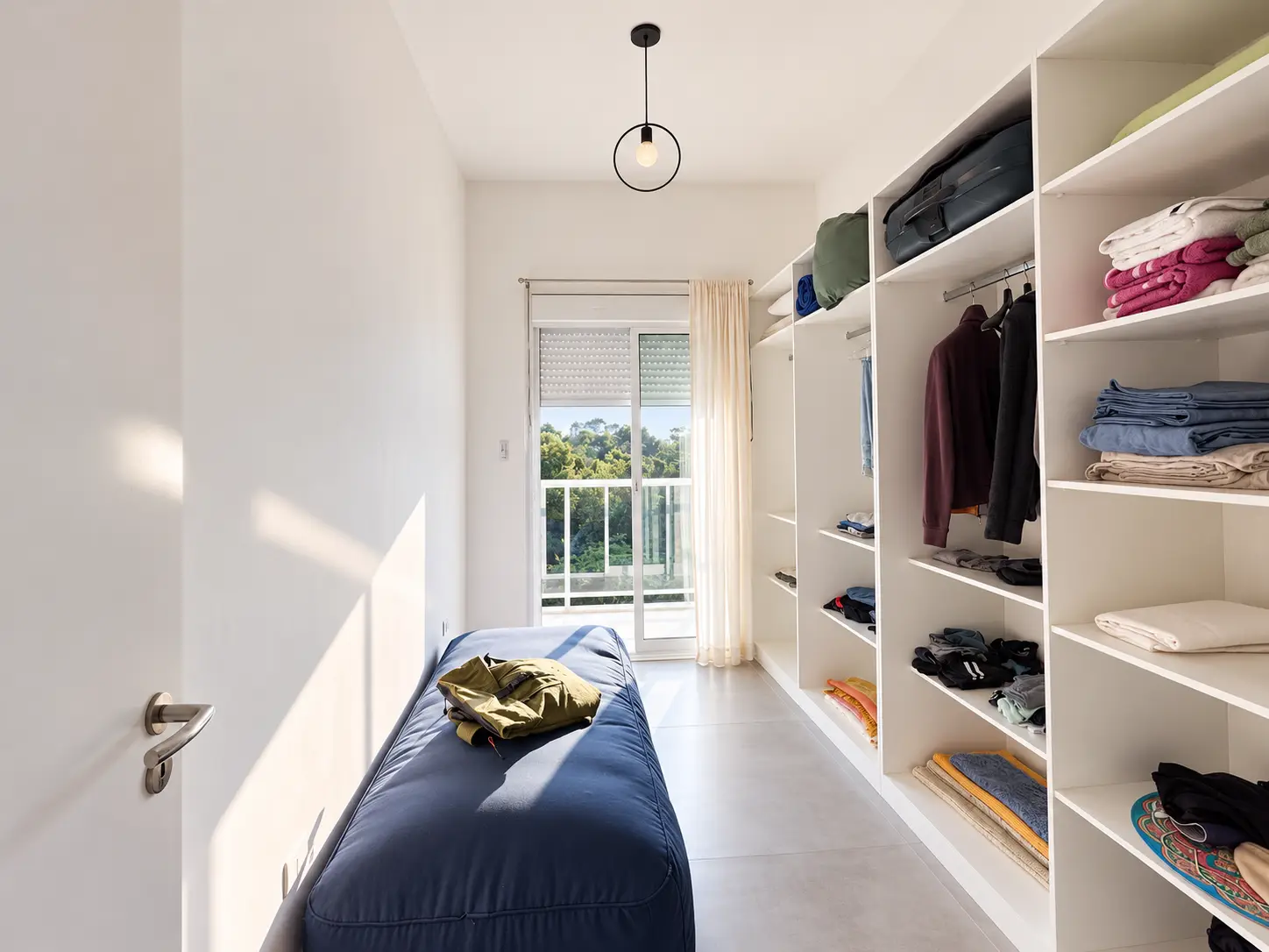 apartamento-itagua-lg117-113-82m2-closet Closet com armários planejados abertos, prateleiras, roupas organizadas e iluminação natural.