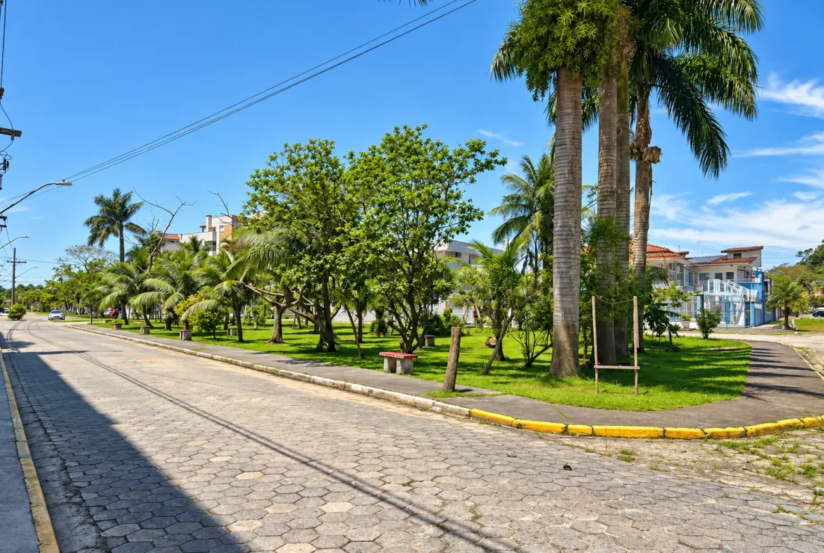 Rua arborizada da Praia Grande, em Ubatuba, com palmeiras, calçada e área verde.