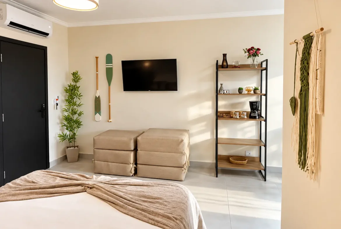 Ambiente integrado do loft no Itaguá, com cama, sofá, televisão e móveis decorativos.