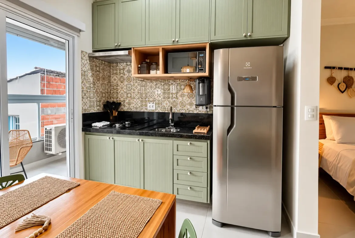 Cozinha integrada do loft com armários, eletrodomésticos e mesa de jantar.