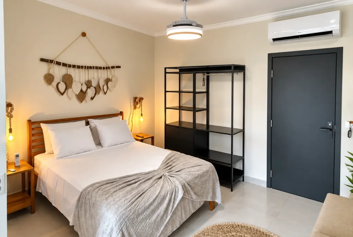 Área de dormir do loft com cama de casal, ar-condicionado e porta de correr.