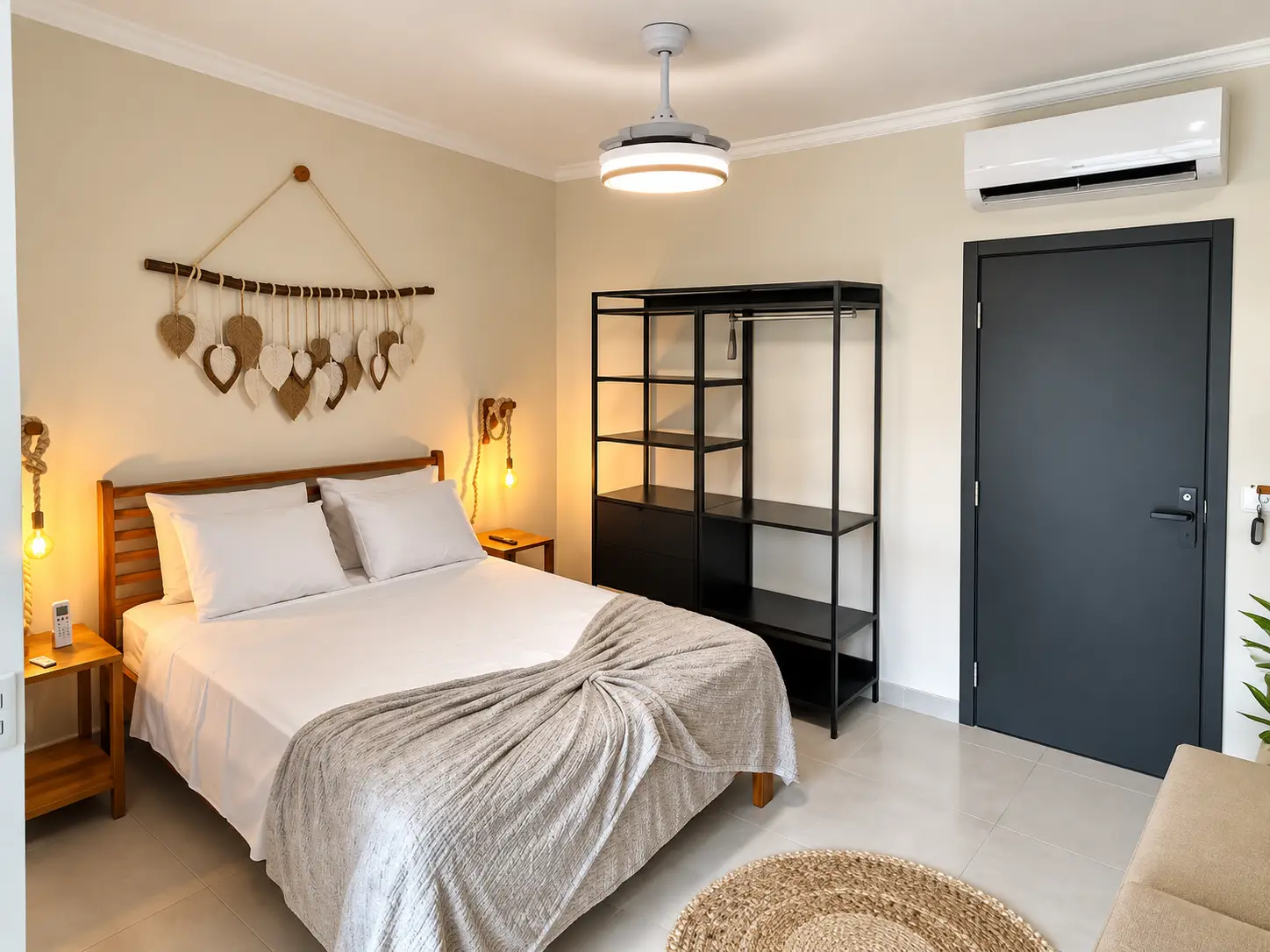 loft-35-m2-Itaguá-dormitorio Área de dormir do loft com cama de casal, ar-condicionado e porta de correr.