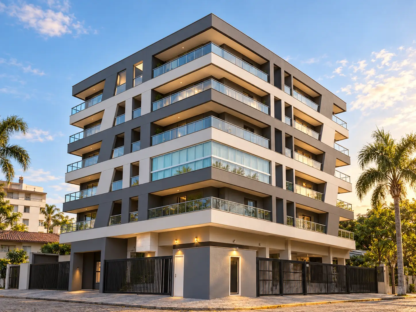 loft-35-m2-Itaguá-fachada Fachada do edifício residencial no Itaguá, em Ubatuba, com sacadas e arquitetura contemporânea.