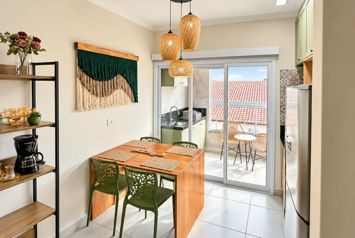Área de jantar do loft com mesa de madeira, cadeiras e porta de vidro para a varanda.
