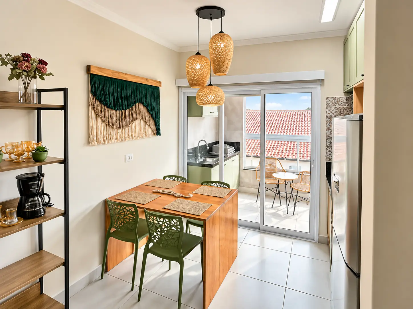 loft-35-m2-Itaguá-sala Área de jantar do loft com mesa de madeira, cadeiras e porta de vidro para a varanda.