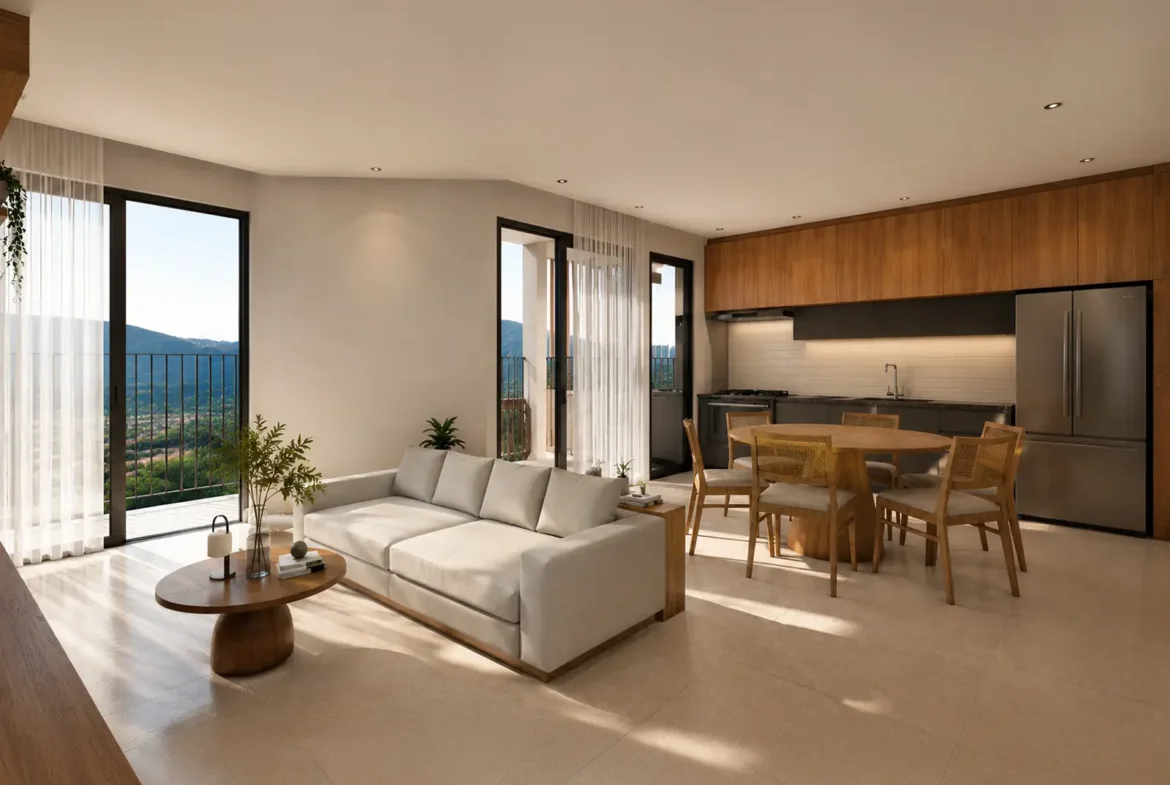 Perspectiva da sala e cozinha integrada do Rio Residencial