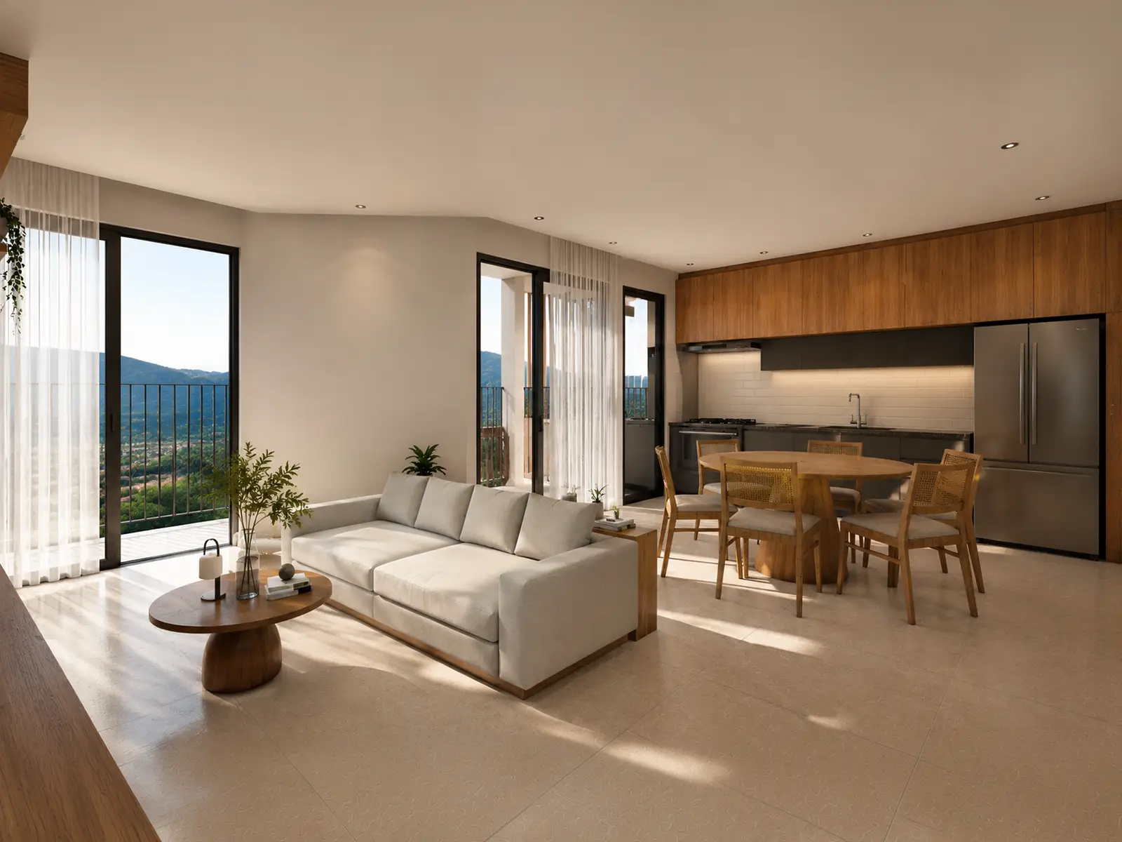 rio-residencial-ubatuba-lancamento-preco-de-custo-1 Perspectiva da sala e cozinha integrada do Rio Residencial