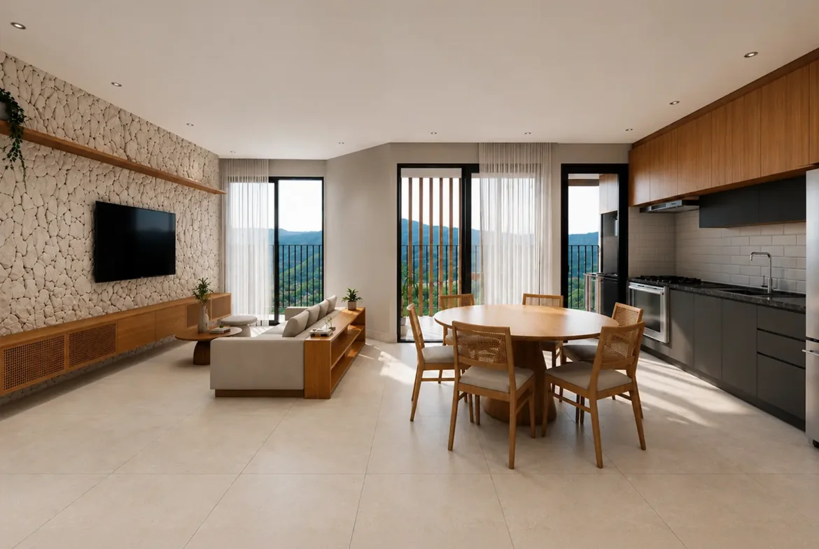 Perspectiva da sala integrada do Rio Residencial