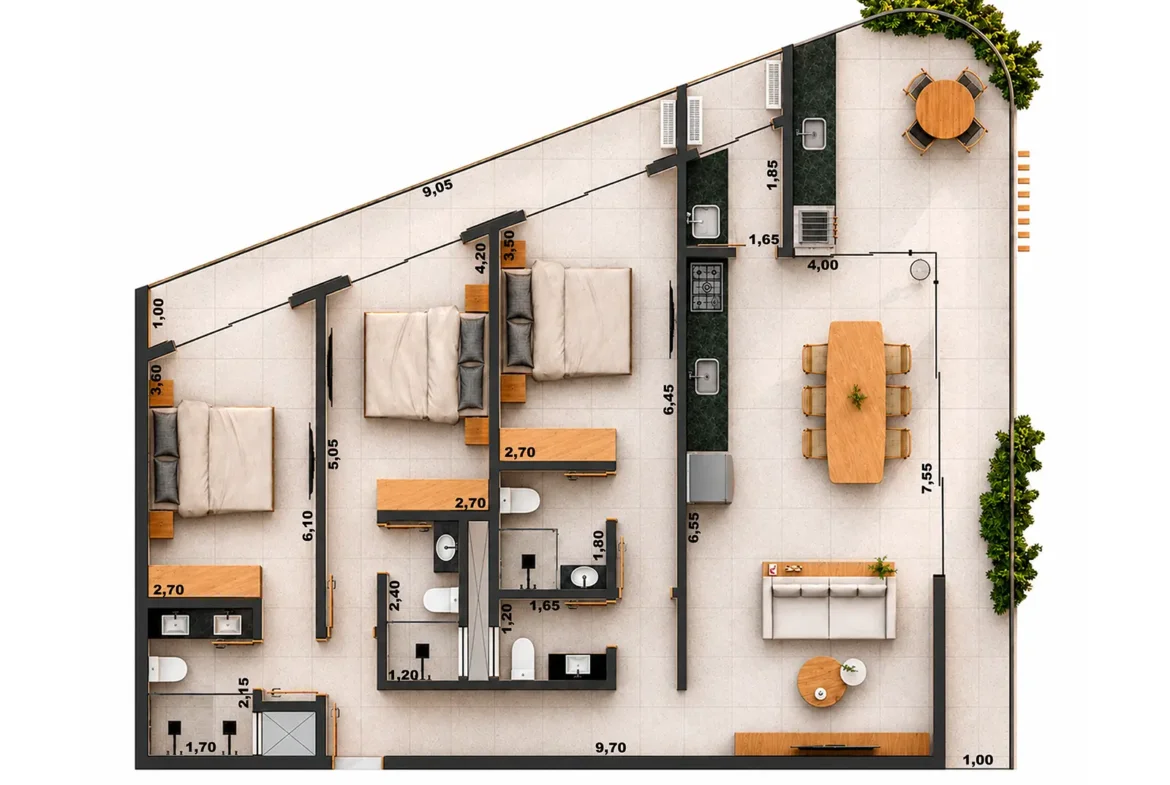 Planta Tipo 1 de 110,51 m² do Rio Residencial