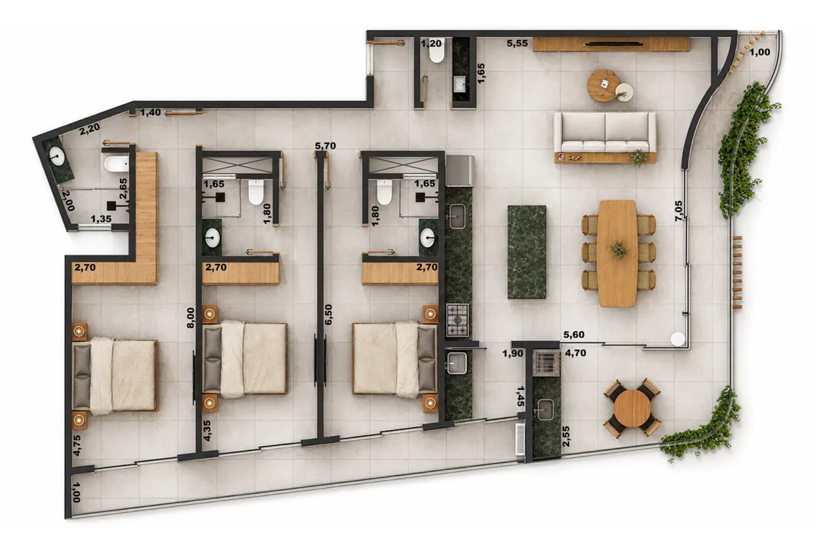 Planta Tipo 2 de 150,10 m² do Rio Residencial