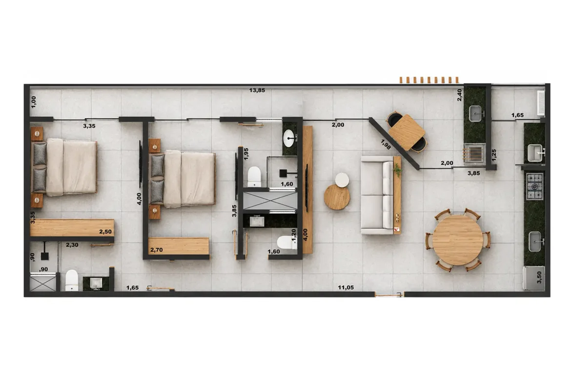 Planta Tipo 5 de 93,28 m² do Rio Residencial