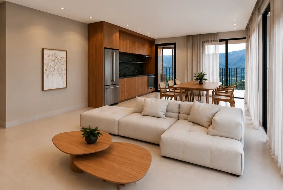 Perspectiva da área da sala do apartamento do Rio Residencial