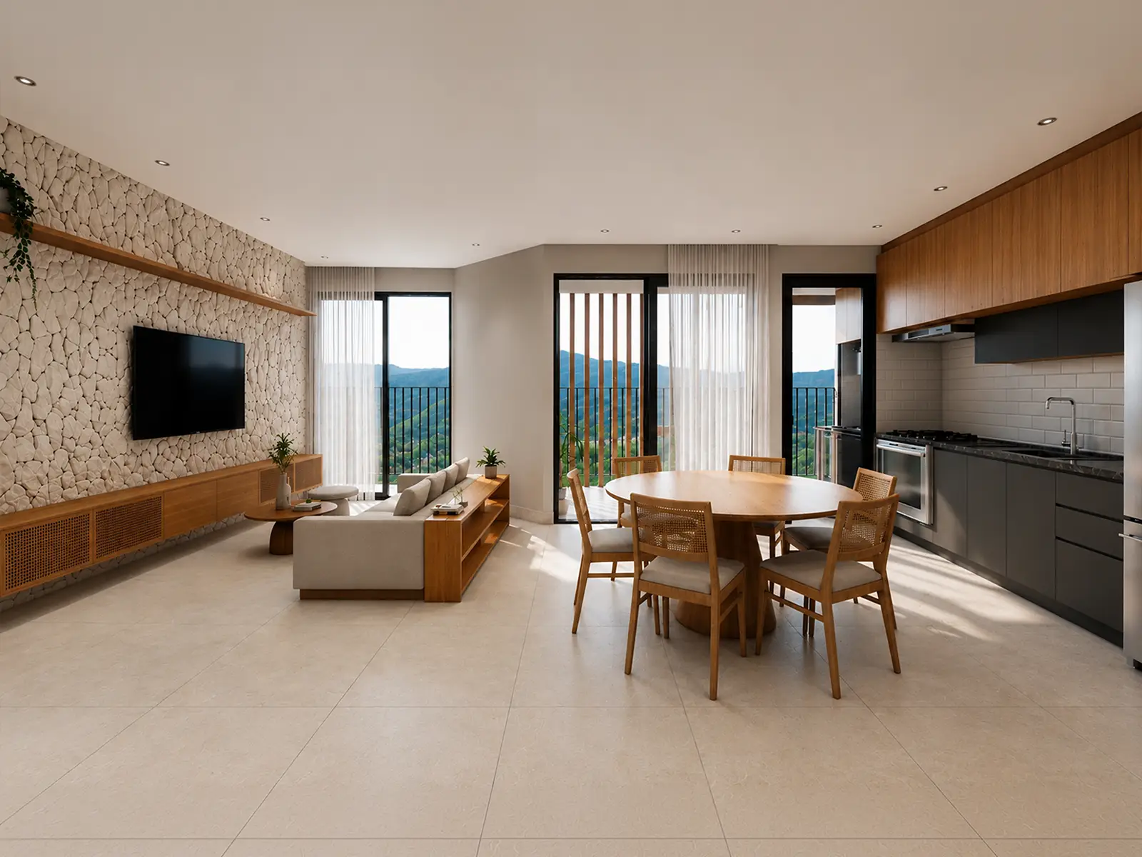 rio-residencial-ubatuba-lancamento-preco-de-custo Perspectiva da sala integrada do Rio Residencial